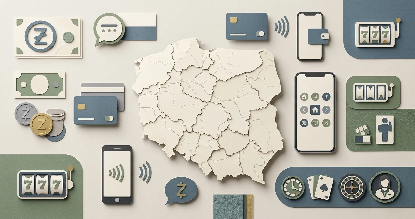 Abstrakcyjna mapa Polski z symbolami PLN, języka i płatności